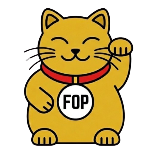 FOP — a Guy Fawkes maneki-neko wearing a red FOP collar